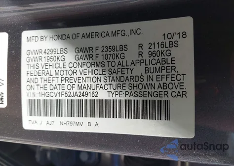 2018 Honda Accord Exl z USA, uszkodzony, nr VIN 1HGCV1F52JA249162